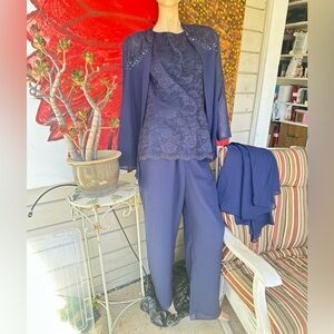 New Navy Lace-Accent Women's Pant Set with 2 Jackets